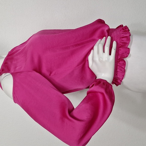 1. State 'NEW" Pink Coquette Romantic Smocked Satin Cold Shoulder Blouse Size XS - Picture 9 of 15